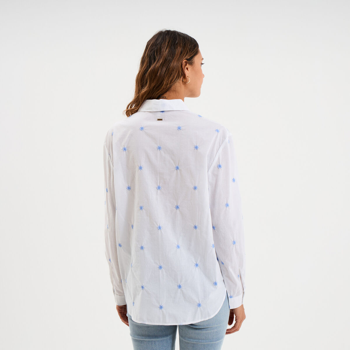 Chemise droite brod&eacute;e coton blanc femme