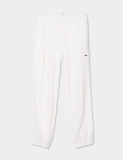 Pantalon maille cargo droit élastiqué blanc fille