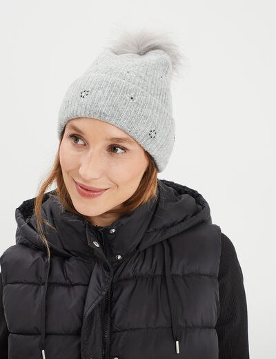 Bonnet à pompon effet fourrure et strass gris femme