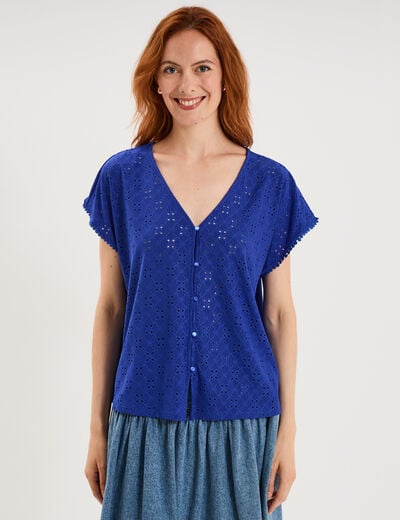 T-shirt dentelle avec boutons bleu electrique femme