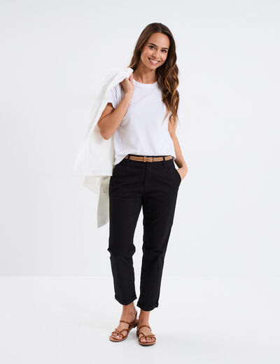 Pantalon chino 7/8ème ceinture tressée noir femme