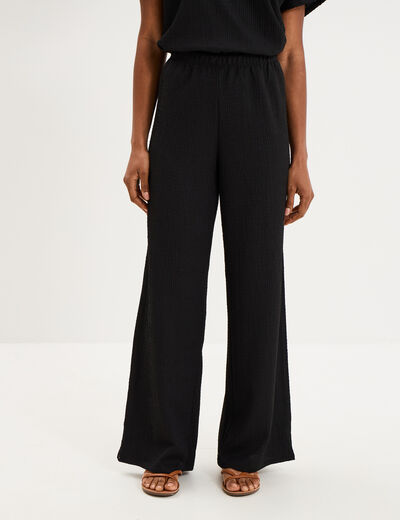 Pantalon large gaufr&eacute; taille &eacute;lastiqu&eacute;e noir femme