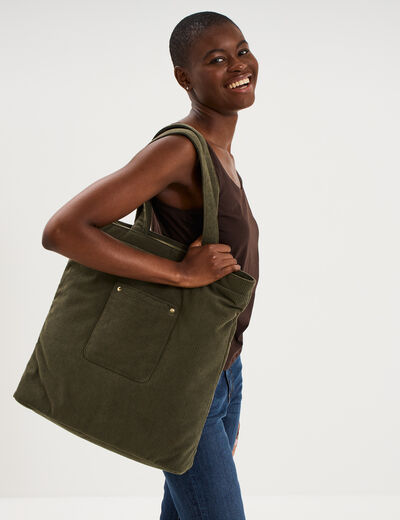 Sac tote bag zipp&eacute; effet velours vert kaki femme