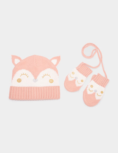 Ensemble bonnet et moufles avec cordon rose bébé fille