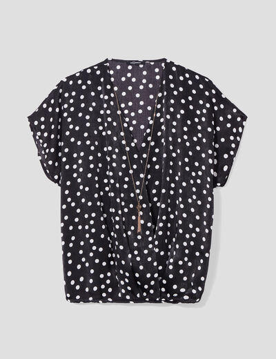 Blouse bijoux col en V manches courtes noir femme