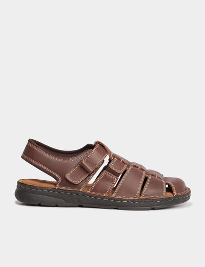 Sandales à scratch en cuir marron homme