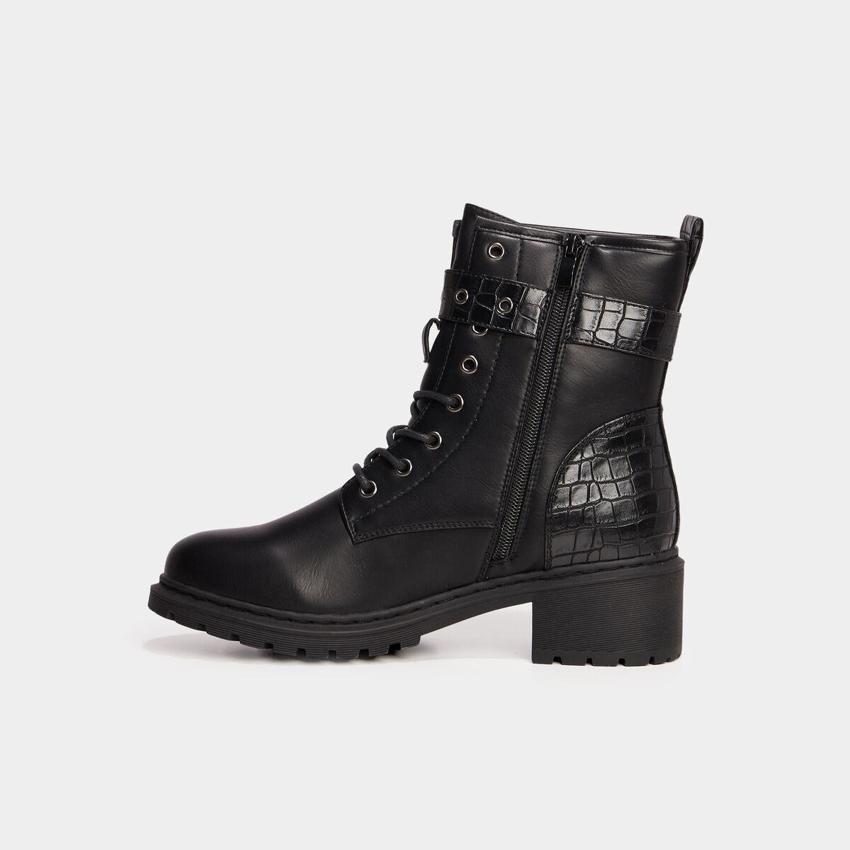 Bottines croco crant&eacute;es avec boucles noir femme