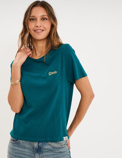 T-shirt col rond manches courtes vert fonc&eacute; femme