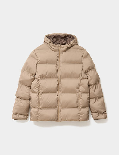 Doudoune courte &agrave; capuche d&eacute;perlante taupe homme