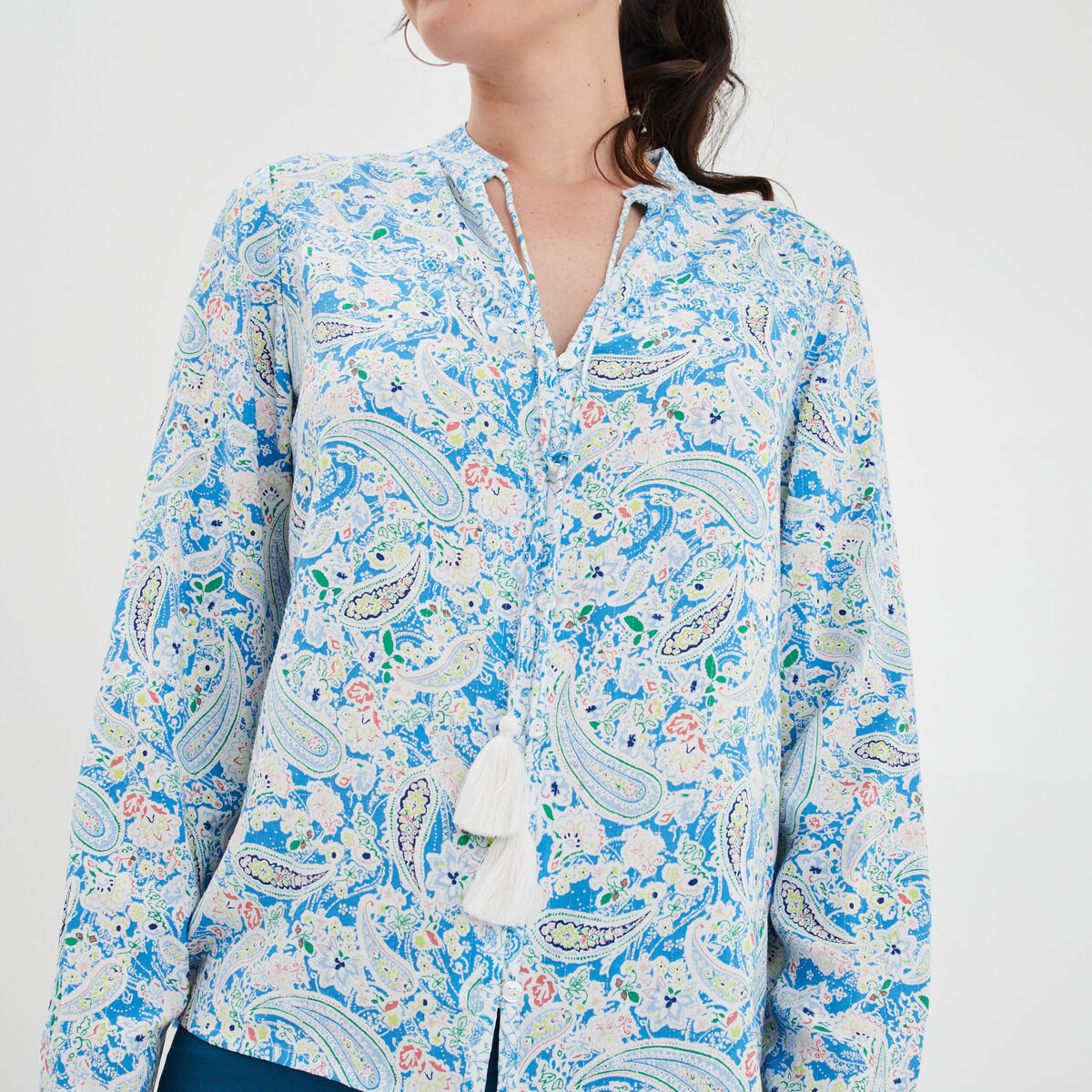 Chemise col cordons à pampilles multicolore femme