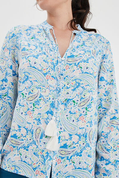 Chemise col cordons à pampilles multicolore femme