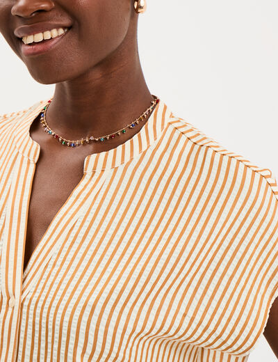 Blouse gaufr&eacute;e col tunisien marron cognac femme