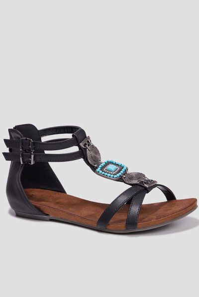 Sandales zippées avec détails bijoux noir femme