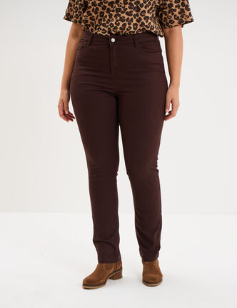 Pantalon droit taille haute extensible marron fonc&eacute; femme grande taille
