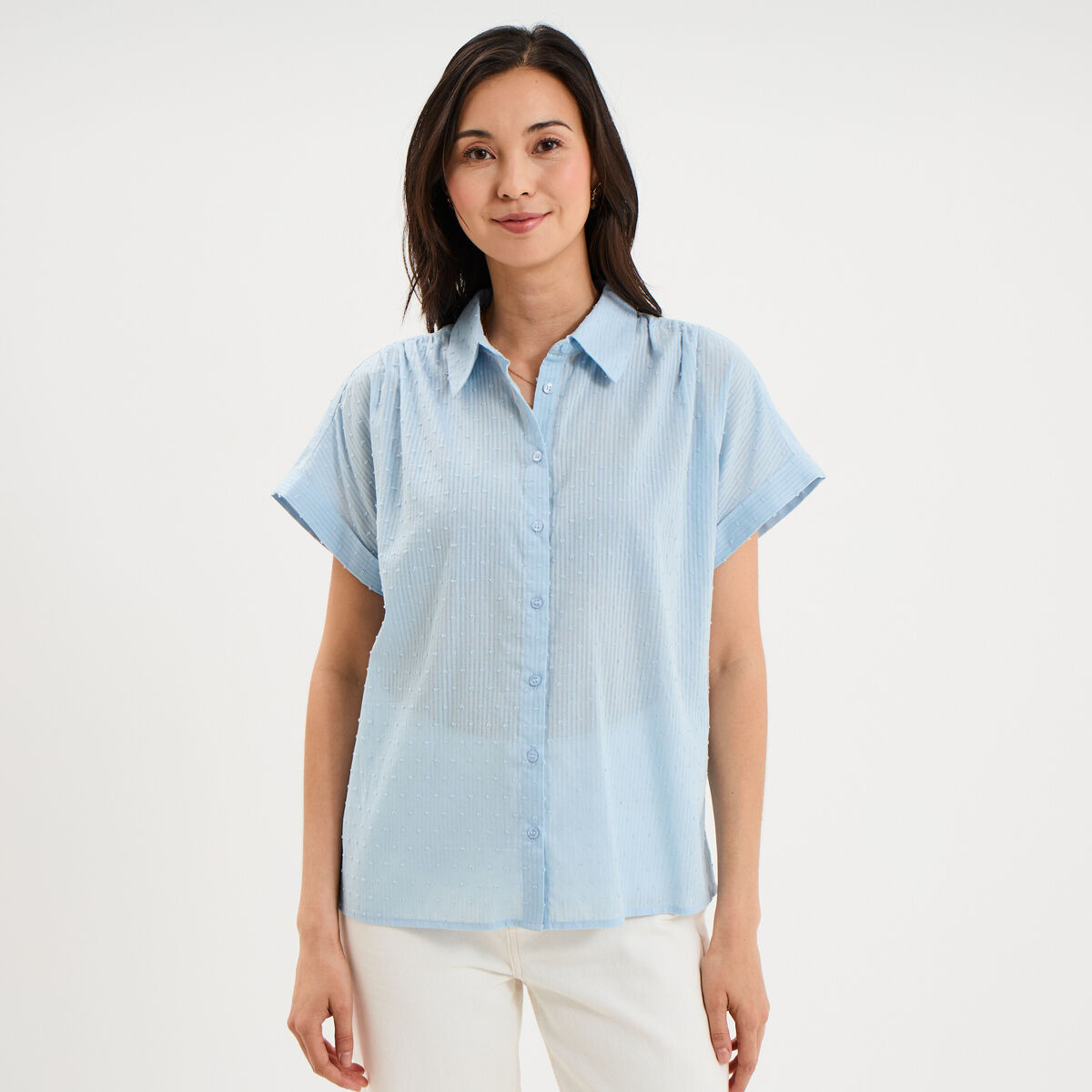 Chemise manches courtes coton bleu clair femme