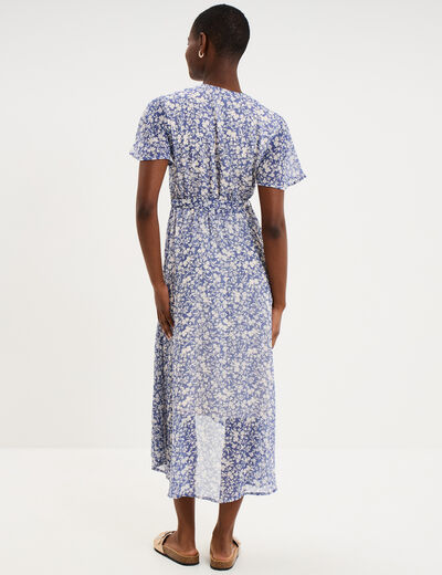 Robe longue &eacute;vas&eacute;e col cache-coeur bleu femme