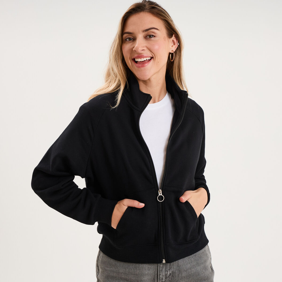 Sweat zipp&eacute; molleton col montant noir femme