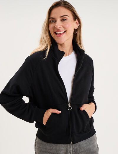 Sweat zipp&eacute; molleton col montant noir femme