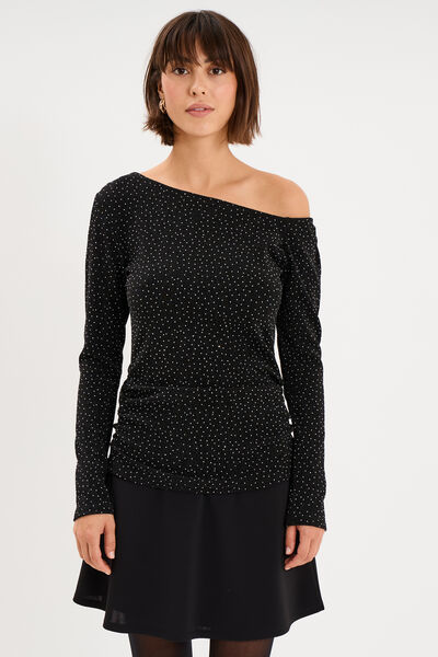 T-shirt cintr&eacute; &agrave; clous col asym&eacute;trique noir femme