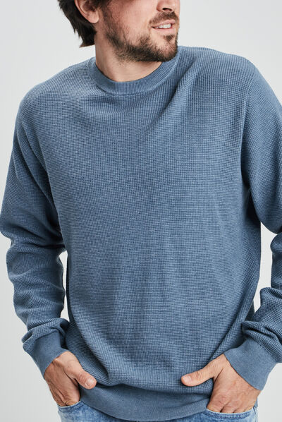 Pull avec col rond à relief bleu gris homme