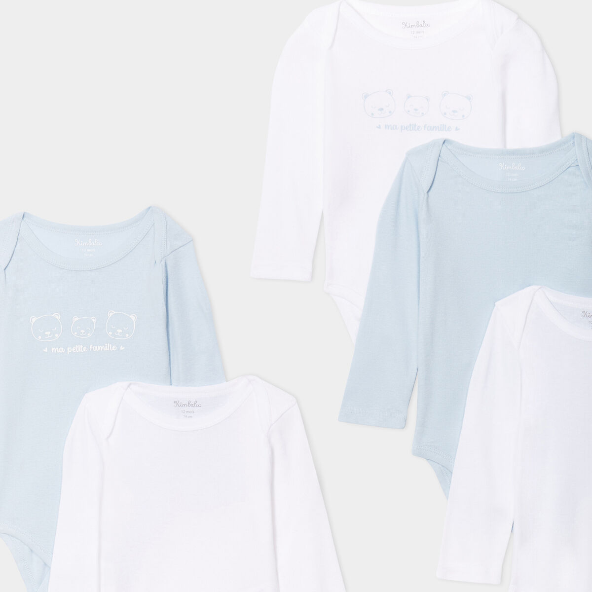 Lot de 5 bodies coton manches longues bleu ciel bébé garçon