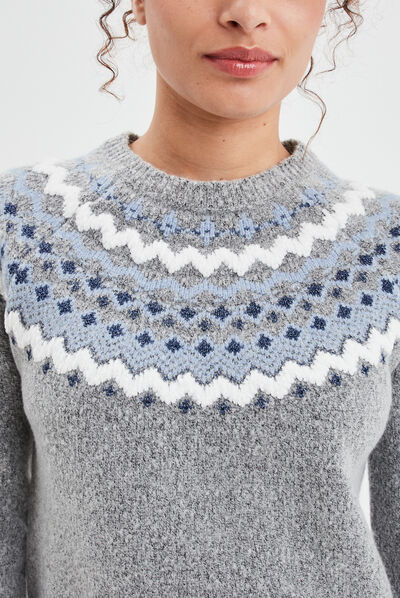 Pull jacquard col rond Creeks gris clair femme