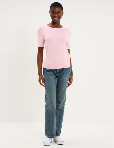 Pull manches courtes col rond rose clair femme