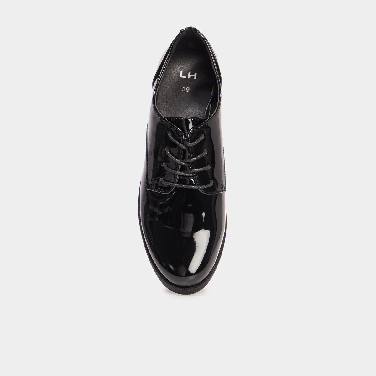 Derbies vernies &agrave; lacets noir femme