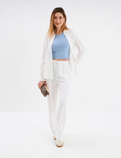 Pantalon large mélange lin blanc femme