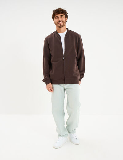 Gilet reli&eacute;f&eacute; manches longues zipp&eacute; marron fonc&eacute; homme