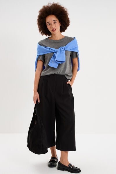 Pantalon culotte large taille haute noir femme
