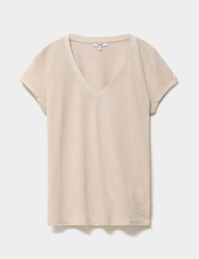 T-shirt col en V manches courtes beige femme