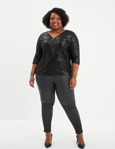 T-shirt sequins manches courtes noir femme grande taille