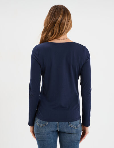 T-shirt col en V manches longues coton bleu marine femme