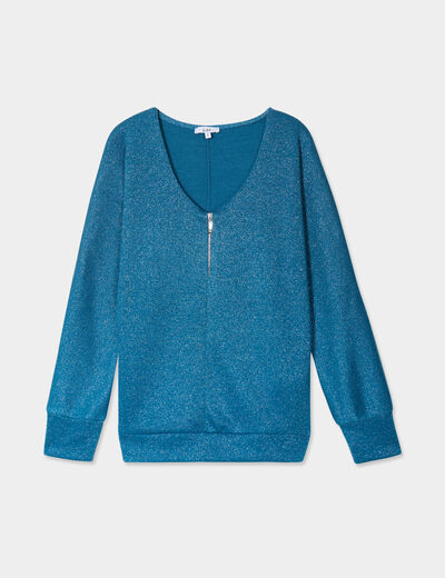 Pull chauve-souris col en V détail zippé bleu pétrole femme