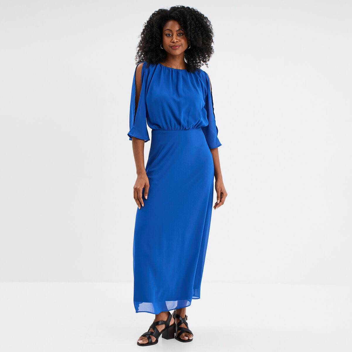 Robe longue manches 3/4 fendues bleu roi femme