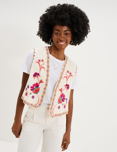 Veste brod&eacute;e sans manches coton creme femme
