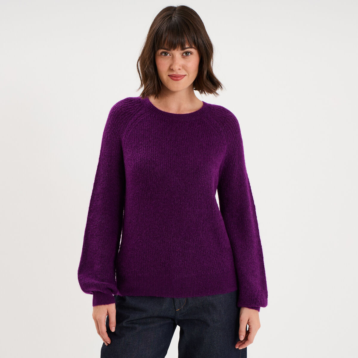 Pull col rond manches longues violet fonc&eacute; femme