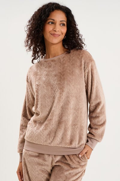 Haut de pyjama sweat polaire torsad&eacute; beige femme