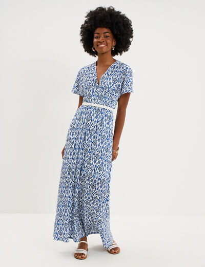 Robe longue gaufr&eacute;e manches courtes ecru femme