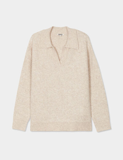 Pull col polo manches longues Creeks ecru femme