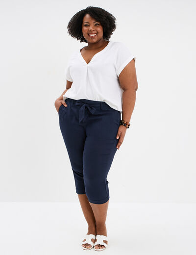 Blouse col V manches courtes mélange lin blanc femme grande taille