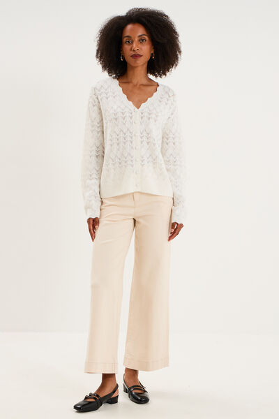 Gilet col V maille ajour&eacute;e boutonn&eacute; blanc femme