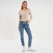 T-shirt col en V manches longues coton beige femme
