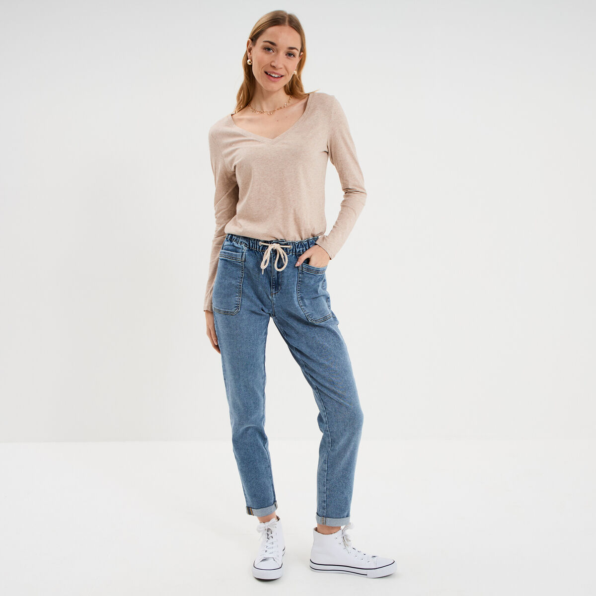 T-shirt col en V manches longues coton beige femme