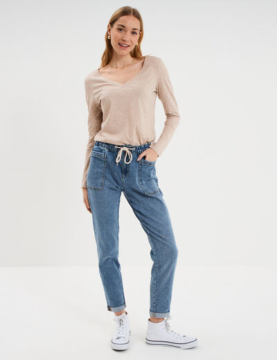 T-shirt col en V manches longues coton beige femme