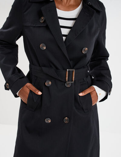 Trench mi-long ceinturé noir femme