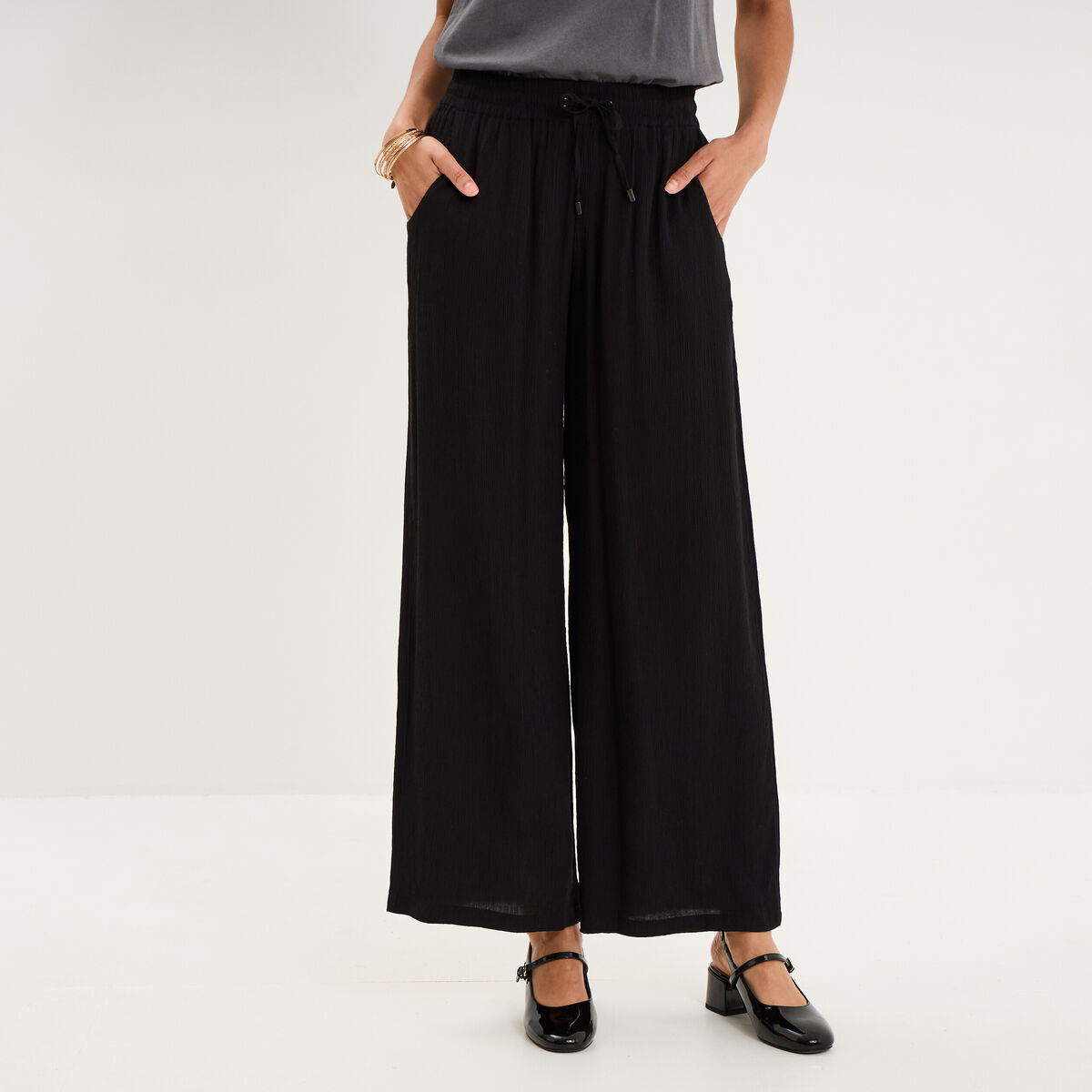 Pantalon effet cr&ecirc;pe taille &eacute;lastiqu&eacute;e noir femme