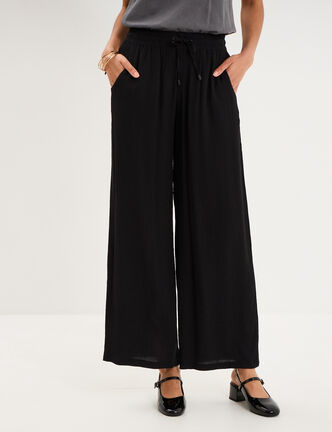 Pantalon effet cr&ecirc;pe taille &eacute;lastiqu&eacute;e noir femme