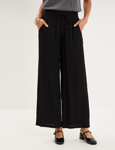 Pantalon effet cr&ecirc;pe taille &eacute;lastiqu&eacute;e noir femme